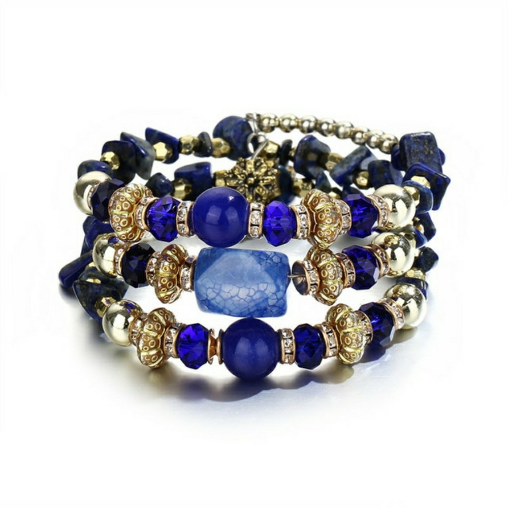 Cuff Wrap Memory Wire Bead Bracelet Blue